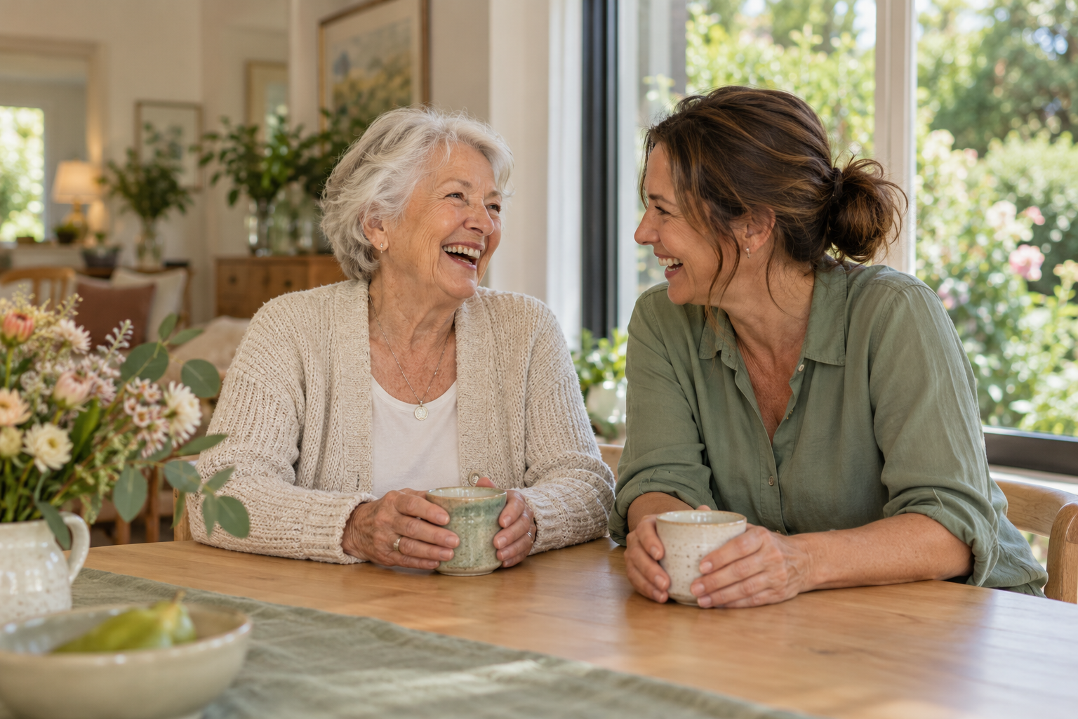 An older woman chatting with a caregiver at her kitchen table